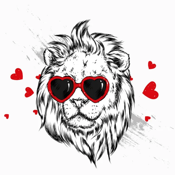 Ein Schöner Löwe Mit Einer Brille Herzform Raubtier Vektor Illustration — Stockvektor