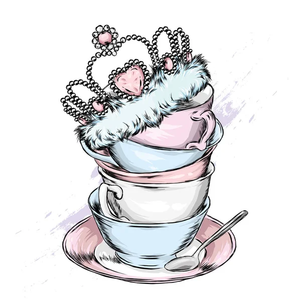 Красивые Винтажные Чашки Блюдца Корона Векторная Иллюстрация Открытки Плаката Печать — стоковый вектор