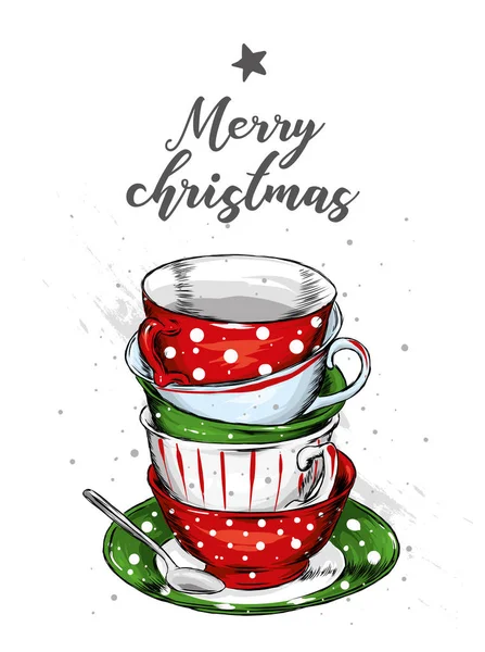 Vintage bardak kümesi. Çay ve kahve. Vektör çizim tebrik kartı veya poster için. Yeni yıl ve Noel. Kış tatili.