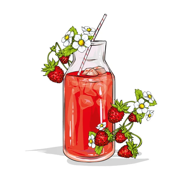 Γυαλί Φράουλες Smoothie Απομονωθεί Λευκό Φόντο Φρούτα Και Μούρα Καλοκαίρι — Διανυσματικό Αρχείο