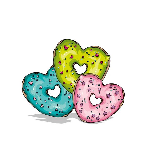 Ciambella Multicolore Forma Cuore Amore San Valentino Illustrazione Vettoriale Cartolina — Vettoriale Stock