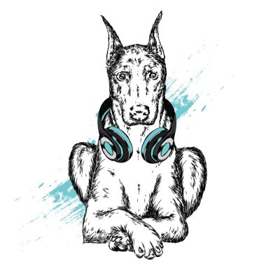 Köpek kulaklıklarla. Komik köpek yavrusu. Vektör çizim için tebrik kartı veya poster, elbiselere yazdırma.