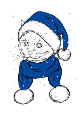Komik kedi bir Noel şapka ve atkı. Vektör çizim kartı veya poster, elbiselere yazdırma için. Yeni yıl ve Noel. Çizilmiş.