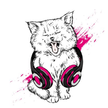 Kulaklıklar serin kedi. Müzik ve ses. Vektör çizim bir kartpostal veya afiş, el ile çizilmiş. Hipster.