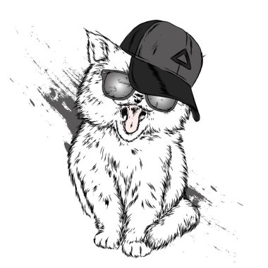 Kedi bir kap ve gözlük. Hippi. Çizilmiş vektör çizim.