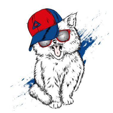 Kedi bir kap ve gözlük. Hippi. Çizilmiş vektör çizim.