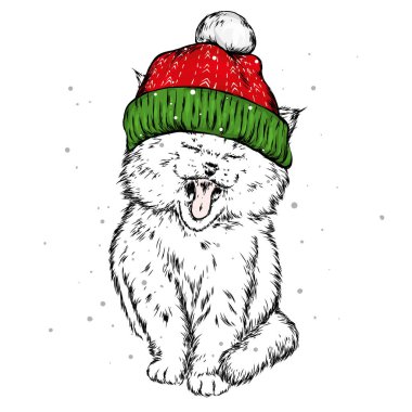 Komik kedi bir Noel şapka ve atkı. Vektör çizim kartı veya poster, elbiselere yazdırma için. Yeni yıl ve Noel. Çizilmiş.