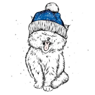 Komik kedi bir Noel şapka ve atkı. Vektör çizim kartı veya poster, elbiselere yazdırma için. Yeni yıl ve Noel. Çizilmiş.