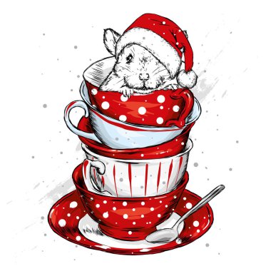 Bir Noel şapka köstebeğiyle vintage Kupası'nda oturuyor. Vektör çizim kartpostal veya poster, giysiler için yazdırma için. Vintage ve retro. Yemekleri kümesi. Fare ya da hamster.