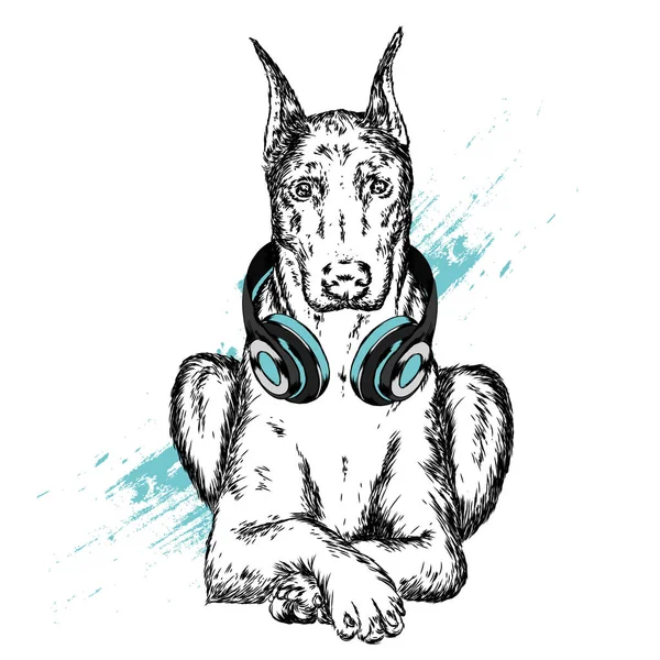 Köpek kulaklıklarla. Komik köpek yavrusu. Vektör çizim için tebrik kartı veya poster, elbiselere yazdırma.