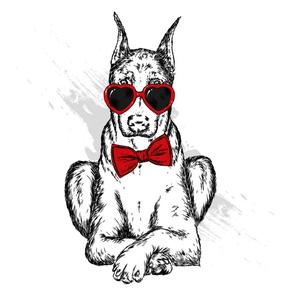 Retrato Perro Cachorro Con Gafas Corbata Ilustración Vectorial Para Tarjeta — Vector de stock