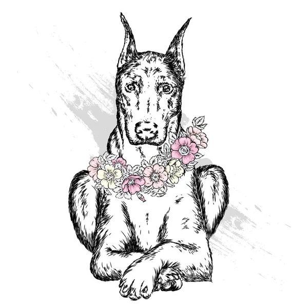 Yabani gül çelenk güzel bir köpek. Vektör çizim kartpostal veya poster, giysiler için yazdırma için. Bahar ve yaz, bir buket çiçek. Vintage ve retro. Hippi. Şirin köpek yavrusu.