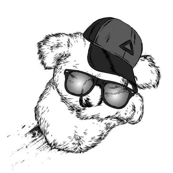Şirin koala kap ve gözlük. Ayı. Avustralya. Vektör çizim kartpostal veya poster, giysiler için yazdırma için.