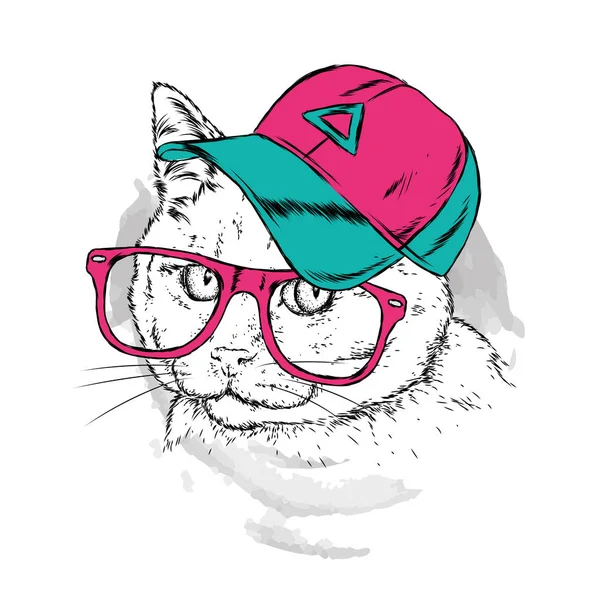 Gato Con Gorra Gafas Hipster Ilustración Vectorial Dibujada Mano — Vector de stock