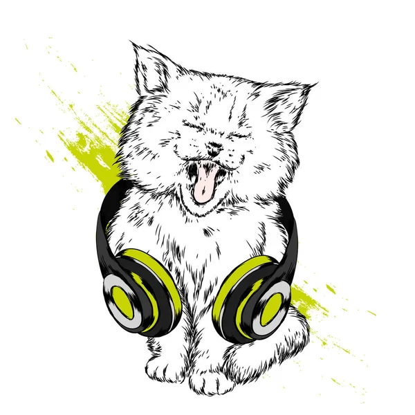 Super Kočka Sluchátka Hudba Zvuk Vektorové Ilustrace Pro Pohlednice Nebo — Stockový vektor