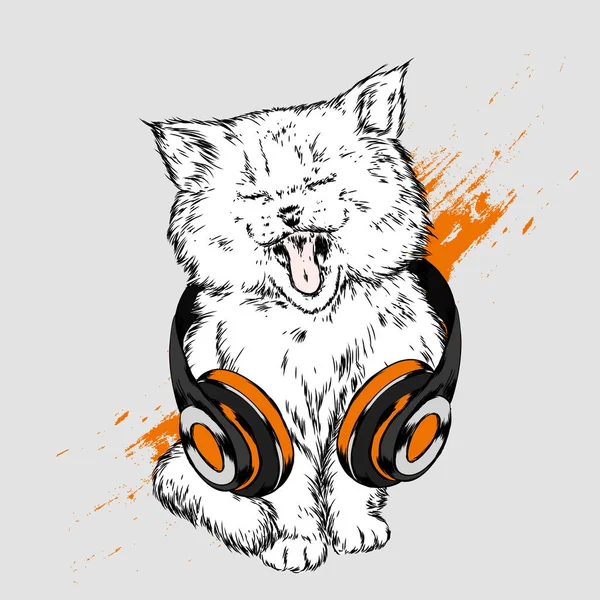 Kulaklıklar serin kedi. Müzik ve ses. Vektör çizim bir kartpostal veya afiş, el ile çizilmiş. Hipster.