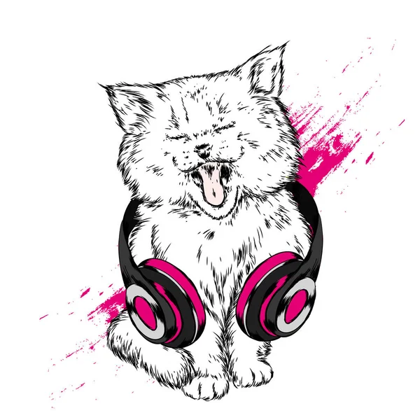 Gato Legal Fones Ouvido Música Som Ilustração Vetorial Para Cartão —  Vetores de Stock