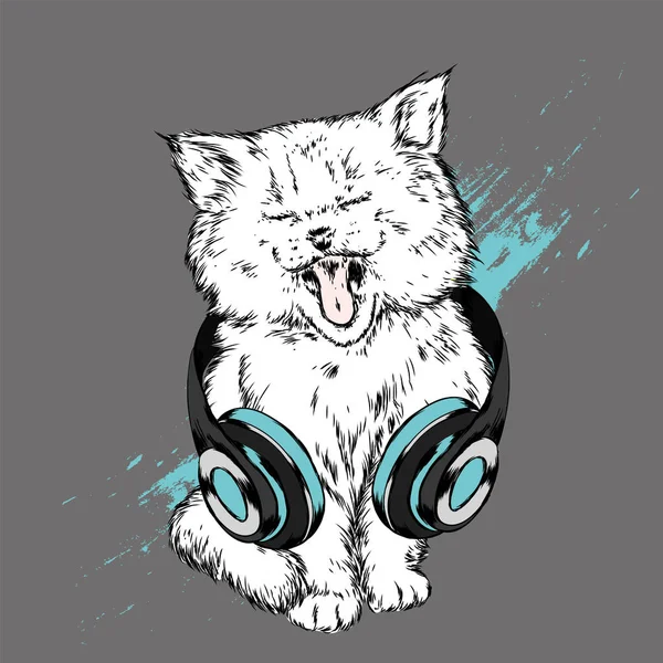 Gato Fresco Auriculares Música Sonido Ilustración Vectorial Para Una Postal — Vector de stock