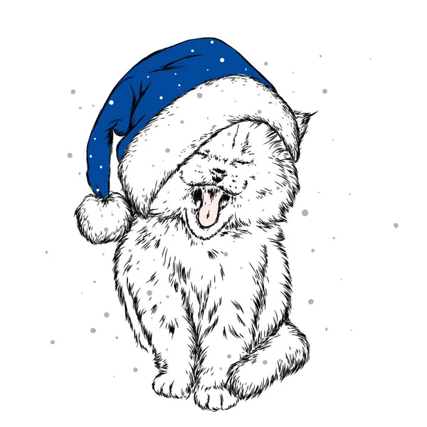 크리스마스 모자와 스카프에 고양이 일러스트 포스터에 그리고 크리스마스입니다 손으로 — 스톡 벡터
