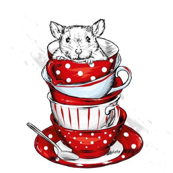 Eine Ratte Mit Weihnachtsmütze Sitzt Einer Vintage Tasse Vektor Illustration — Stockvektor