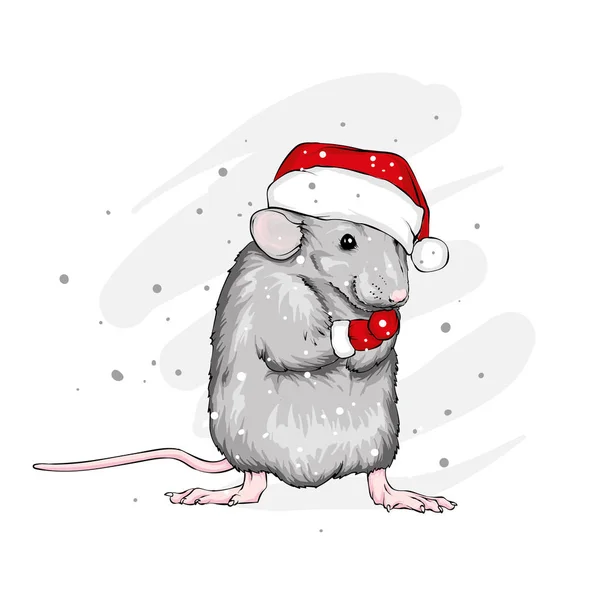 Komik fare Noel şapka içinde. Kemirgen. Yılbaşı ve Yeniyıl, kış, kar, tatil. Vektör çizim için tebrik kartı veya poster, tişört için yazdırma.
