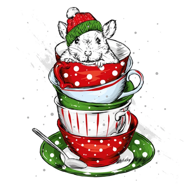 Bir Noel şapka köstebeğiyle vintage Kupası'nda oturuyor. Vektör çizim kartpostal veya poster, giysiler için yazdırma için. Vintage ve retro. Yemekleri kümesi. Fare ya da hamster.