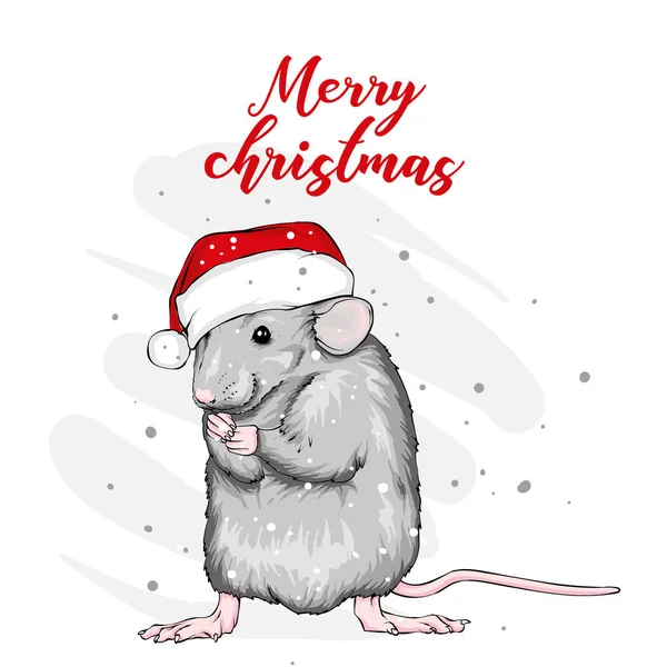 Komik fare Noel şapka içinde. Kemirgen. Yılbaşı ve Yeniyıl, kış, kar, tatil. Vektör çizim için tebrik kartı veya poster, tişört için yazdırma.