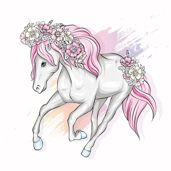 Hermoso Caballo Con Flores Melena Cuento Hadas Personaje Mítico Caballo — Archivo Imágenes Vectoriales