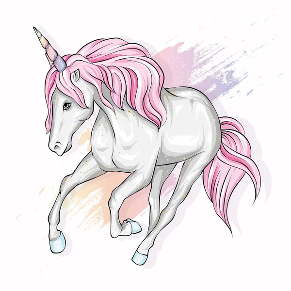 Güzel unicorn ile yele çiçeklenir. Masal ve efsanevi karakter. Bir yele ile at. Hazır tasarım kartpostallar, poster ya da kumaş veya giyim baskı. Vektör. Büyü ve peri masalı.