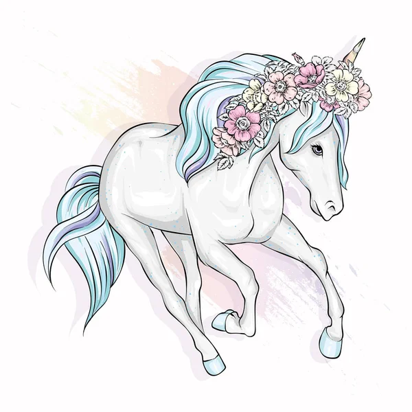 Güzel unicorn ile yele çiçeklenir. Masal ve efsanevi karakter. Bir yele ile at. Hazır tasarım kartpostallar, poster ya da kumaş veya giyim baskı. Vektör. Büyü ve peri masalı.