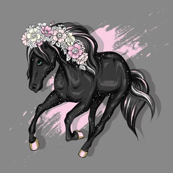Piękny Koń Kwiatami Grzywa Bajki Mitycznego Charakteru Konia Grzywą Gotowy — Wektor stockowy