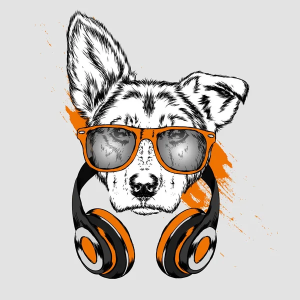Köpek kulaklıklarla. Komik köpek yavrusu. Vektör çizim için tebrik kartı veya poster, elbiselere yazdırma.