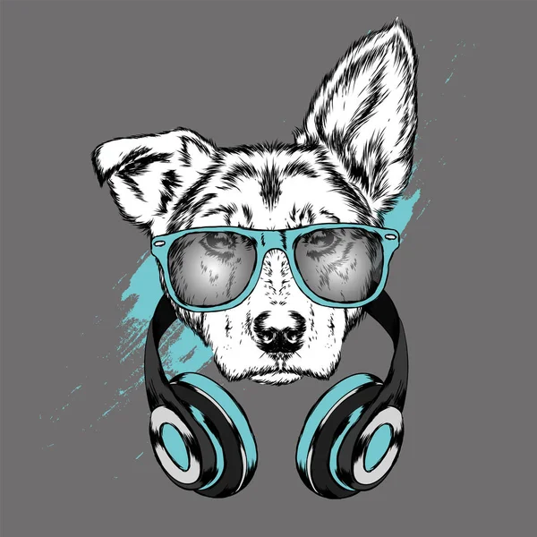 Köpek kulaklıklarla. Komik köpek yavrusu. Vektör çizim için tebrik kartı veya poster, elbiselere yazdırma.