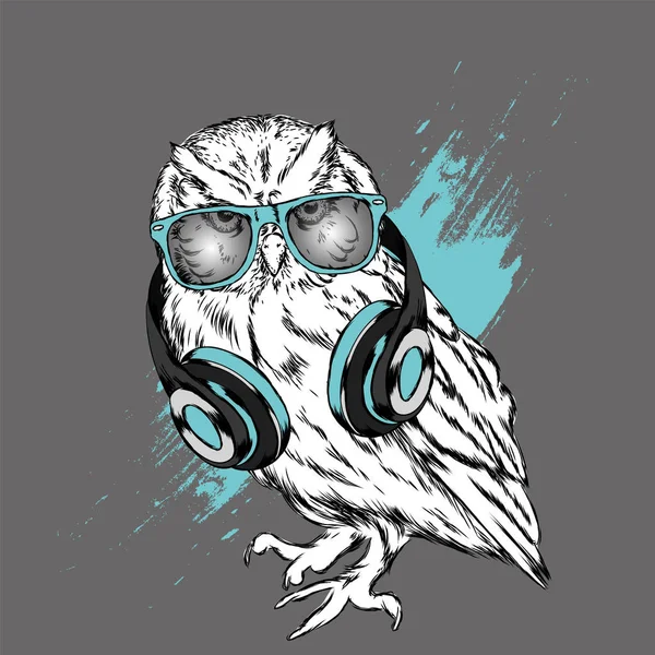 Coole Eule Mit Kopfhörer Vektorillustration Hipster Vogel Handgezeichnet — Stockvektor