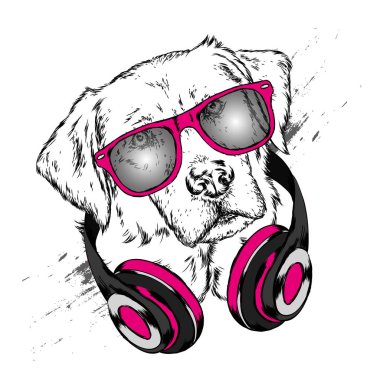 Köpek kulaklıklarla. Komik köpek yavrusu. Vektör çizim için tebrik kartı veya poster, elbiselere yazdırma.
