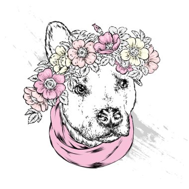 Yabani gül çelenk güzel bir köpek. Vektör çizim kartpostal veya poster, giysiler için yazdırma için. Bahar ve yaz, bir buket çiçek. Vintage ve retro. Hippi. Şirin köpek yavrusu.