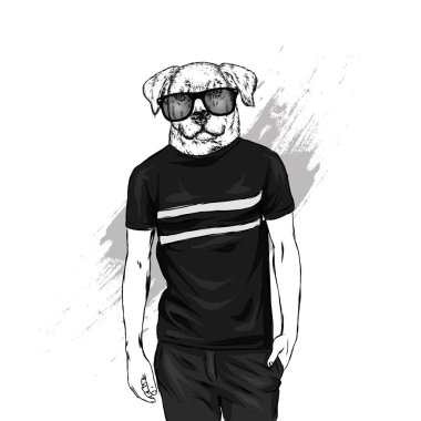 Bir köpek başkanı olan adam. Hayvan hippi bir t-shirt ve kulaklık. Vektör çizim tebrik kartı veya poster, elbiselere yazdırma için. Moda ve stil, giyim ve aksesuarları. 