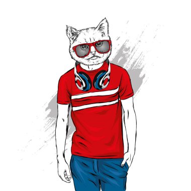 T-shirt ve kulaklıklar bir kedi başkanı ile adam. Hipster kedi. Bir kartpostal veya giyim baskı için illüstrasyon vektör. Moda ve stil.