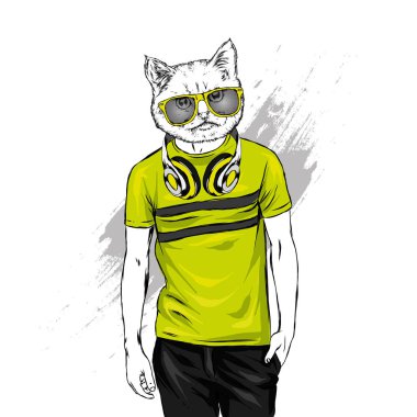 T-shirt ve kulaklıklar bir kedi başkanı ile adam. Hipster kedi. Bir kartpostal veya giyim baskı için illüstrasyon vektör. Moda ve stil.