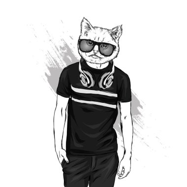 T-shirt ve kulaklıklar bir kedi başkanı ile adam. Hipster kedi. Bir kartpostal veya giyim baskı için illüstrasyon vektör. Moda ve stil.