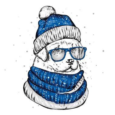 Noel şapka içinde belgili tanımlık köpek yavrusu. Noel Baba köpek. Yılbaşı ve Yeniyıl, kış tatili. Vektör çizim kartpostal veya giysi üzerine baskı için.