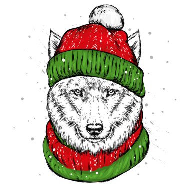 Noel şapka kurt. Noel Baba köpek. Yılbaşı ve Yeniyıl, kış tatili. Vektör çizim kartpostal veya giysi üzerine baskı için.