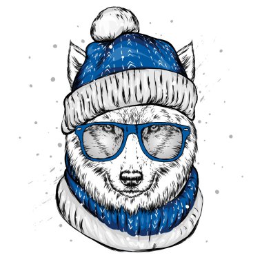 Noel şapka kurt. Noel Baba köpek. Yılbaşı ve Yeniyıl, kış tatili. Vektör çizim kartpostal veya giysi üzerine baskı için.