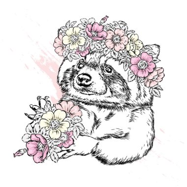 Yabani gül çelenk içinde güzel bir rakun. Vektör çizim kartpostal veya poster, giysiler için yazdırma için. Bahar ve yaz, bir buket çiçek. Vintage ve retro. Hippi. Şirin köpek yavrusu.