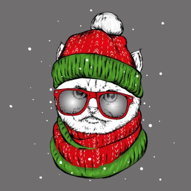 Komik kedi bir Noel şapka ve atkı. Vektör çizim kartı veya poster, elbiselere yazdırma için. Yeni yıl ve Noel. Çizilmiş.