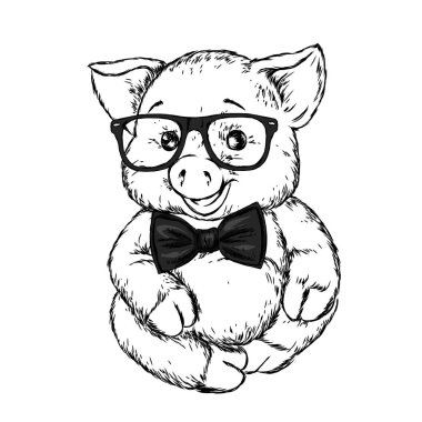 Sevimli domuz gözlük ve kravat. Vektör çizim kartpostal veya poster, giysiler için yazdırma için. Hipster.