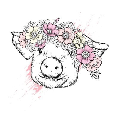 Güzel domuz yabani gül çelenk. Vektör çizim kartpostal veya poster, giysiler için yazdırma için. Bahar ve yaz, bir buket çiçek. Vintage ve retro. Hipster.