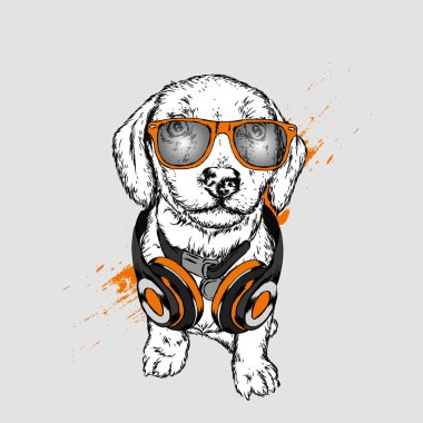 Köpek kulaklıklarla. Komik köpek yavrusu. Vektör çizim için tebrik kartı veya poster, elbiselere yazdırma.