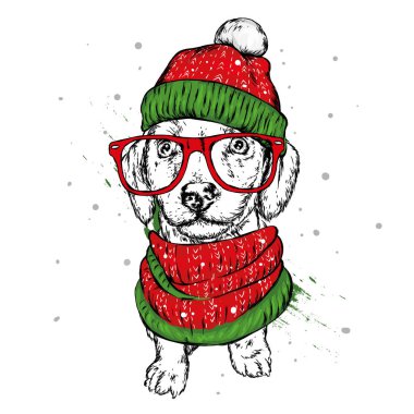 Noel şapka içinde belgili tanımlık köpek yavrusu. Noel Baba köpek. Yılbaşı ve Yeniyıl, kış tatili. Vektör çizim kartpostal veya giysi üzerine baskı için.
