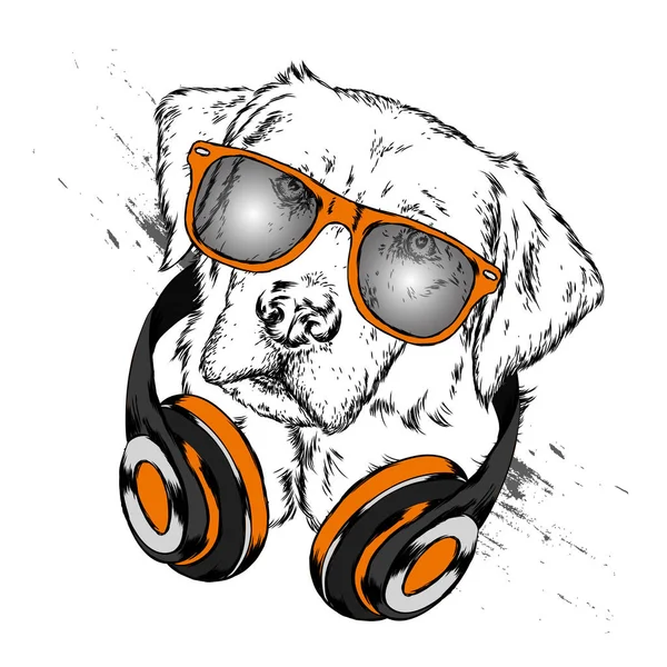 Pies Słuchawki Funny Puppy Ilustracja Wektorowa Życzeniami Lub Plakat Nadruk — Wektor stockowy